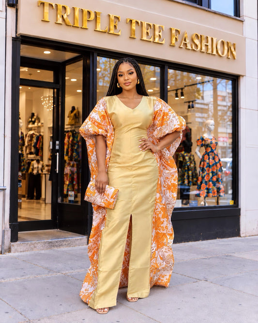 Elegant Gold & Orange African Boubou Dress – Luxury Statement Kaftan Gown-Elegant Wedding Guest Dress