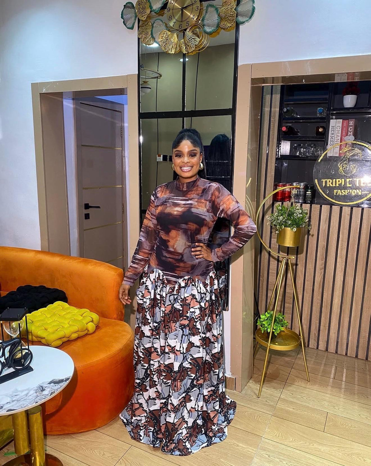 Elegant Mesh and Crepe Maxi Dress for Women, Long Sleeve African Occasion Dress, Abstract Print Flowy Gown, Wedding Guest Dress