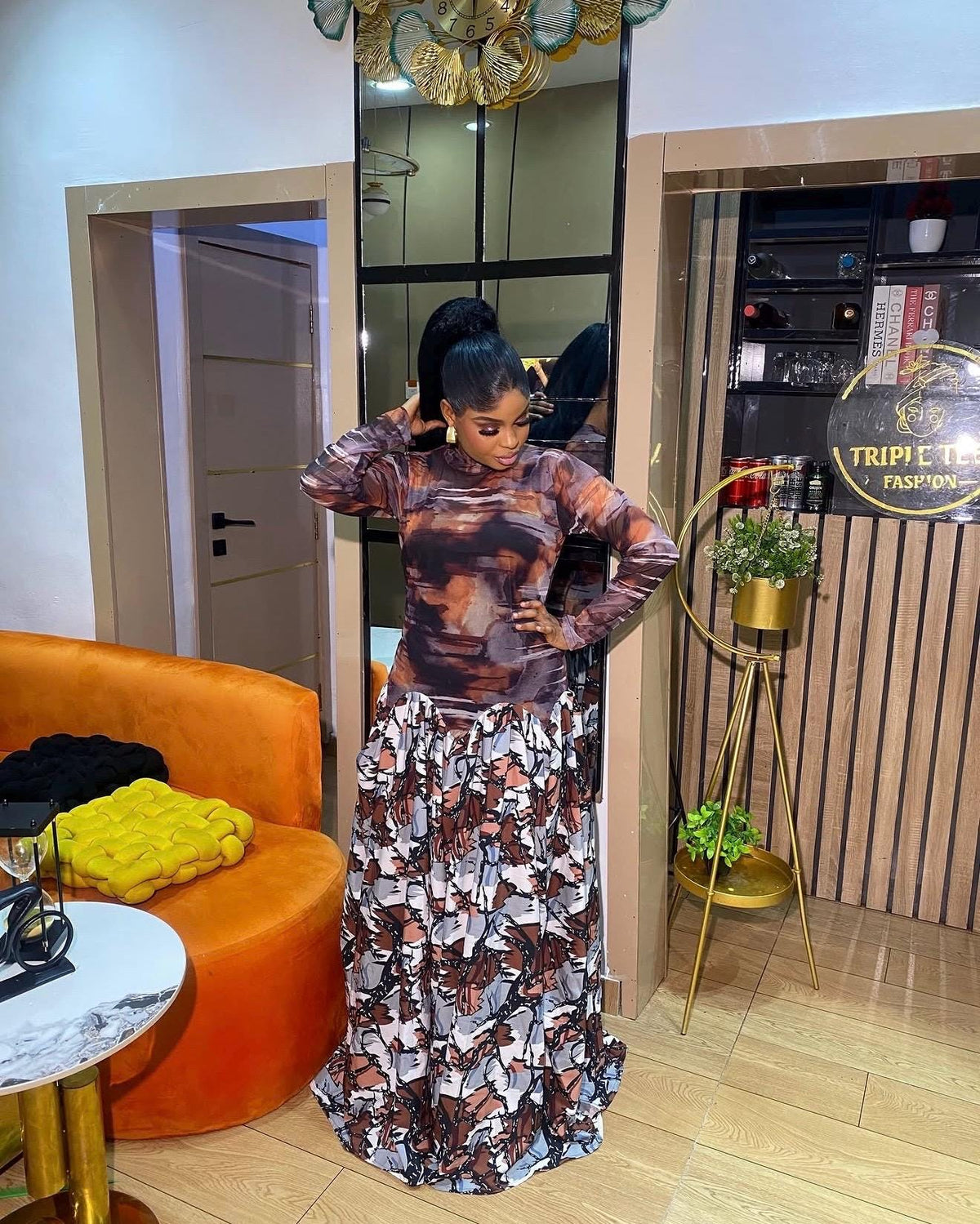 Elegant Mesh and Crepe Maxi Dress for Women, Long Sleeve African Occasion Dress, Abstract Print Flowy Gown, Wedding Guest Dress