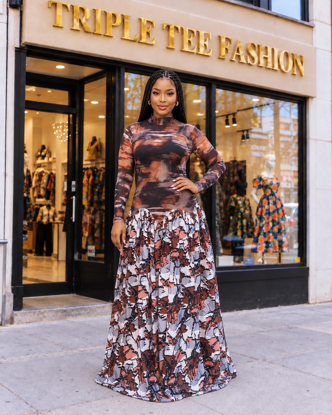 Elegant Mesh and Crepe Maxi Dress for Women, Long Sleeve African Occasion Dress, Abstract Print Flowy Gown, Wedding Guest Dress