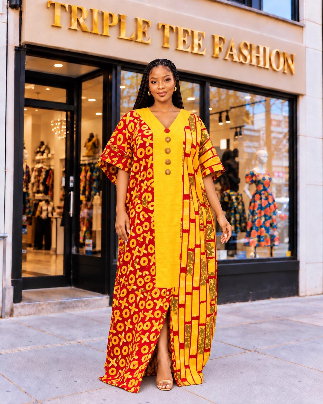 African Ankara Boubou: Aso Oke Embellished Kaftan Dress