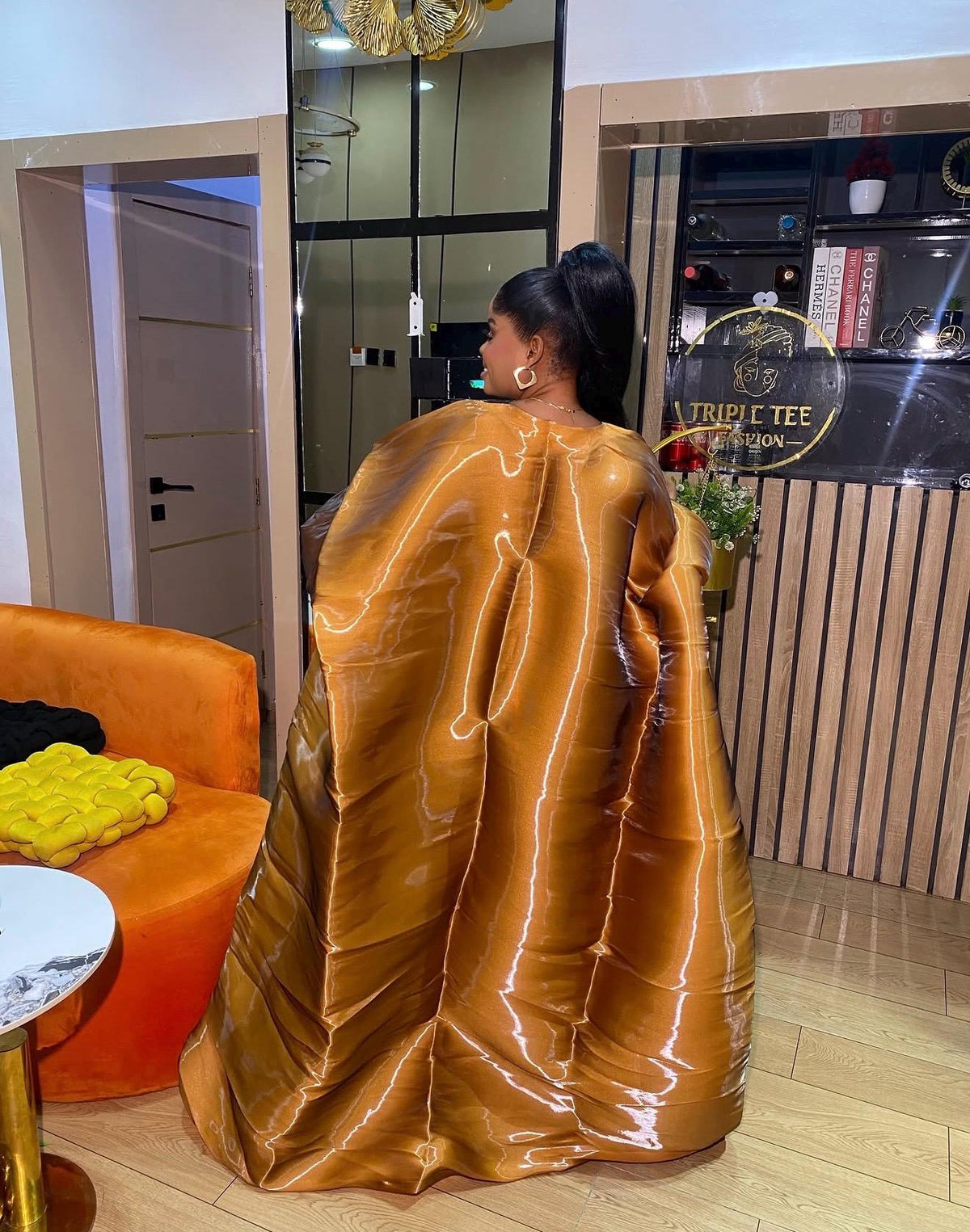 Luxury Golden Bronze Liquid Organza Boubou – Oversized African Kaftan, Elegant Wedding Guest Dress, Statement Maxi Gown