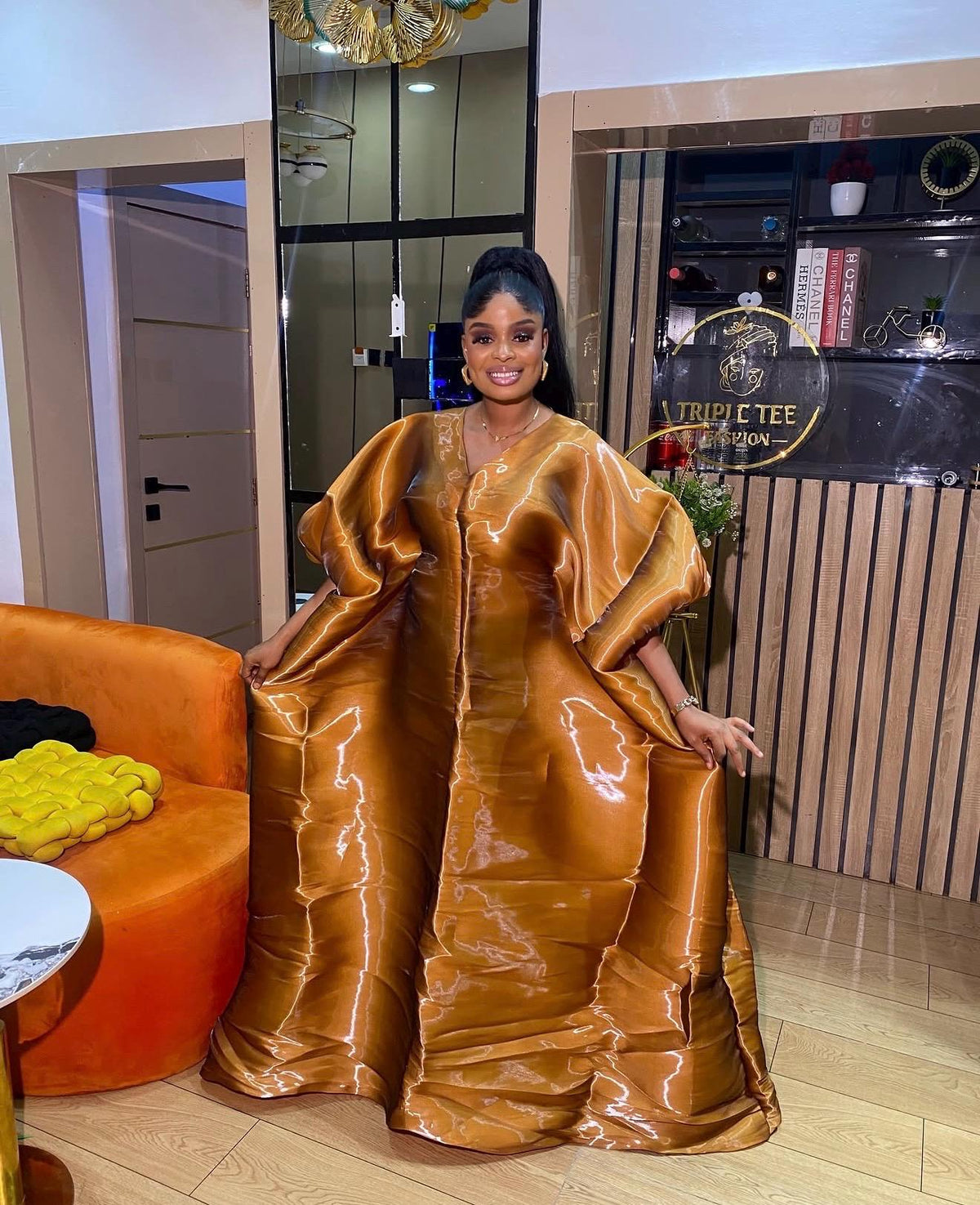Luxury Golden Bronze Liquid Organza Boubou – Oversized African Kaftan, Elegant Wedding Guest Dress, Statement Maxi Gown