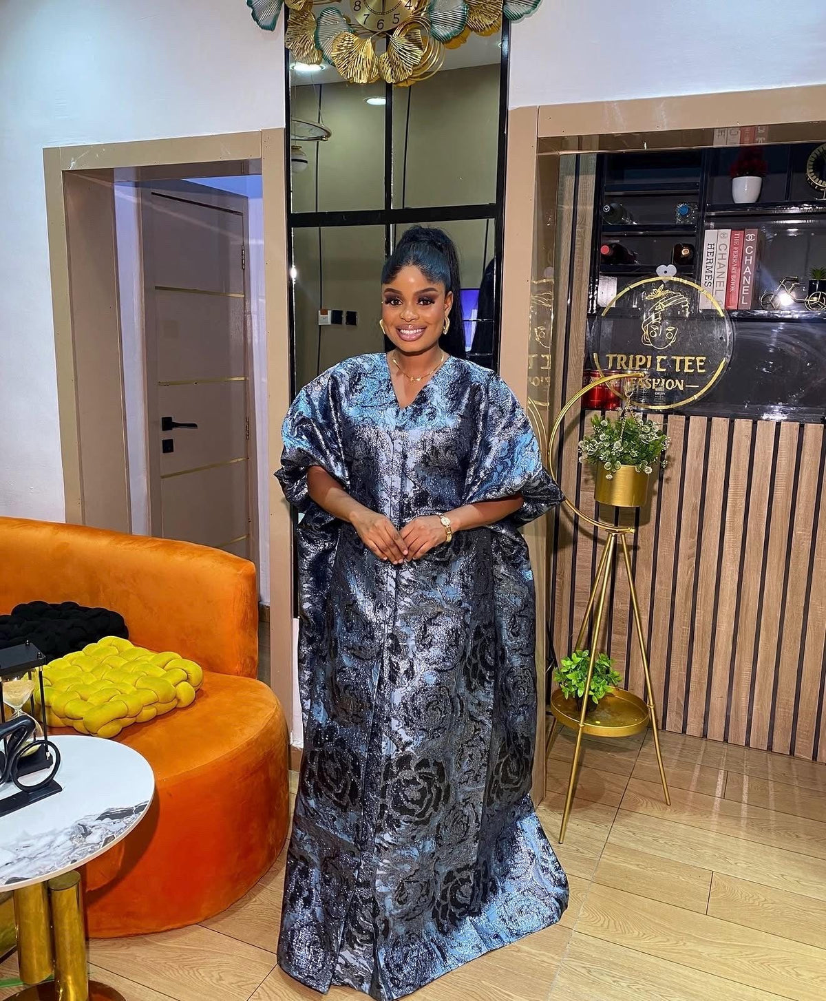 Luxury European Brocade Boubou Dress – Metallic Silver & Black African Kaftan | Elegant Plus Size Maxi Dress