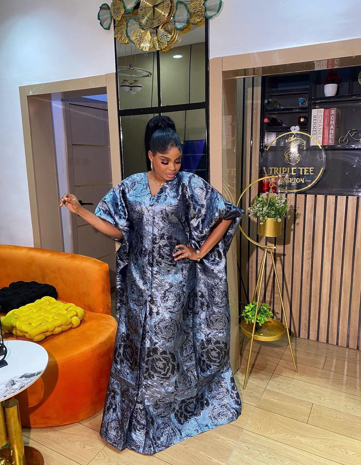 Luxury European Brocade Boubou Dress – Metallic Silver & Black African Kaftan | Elegant Plus Size Maxi Dress