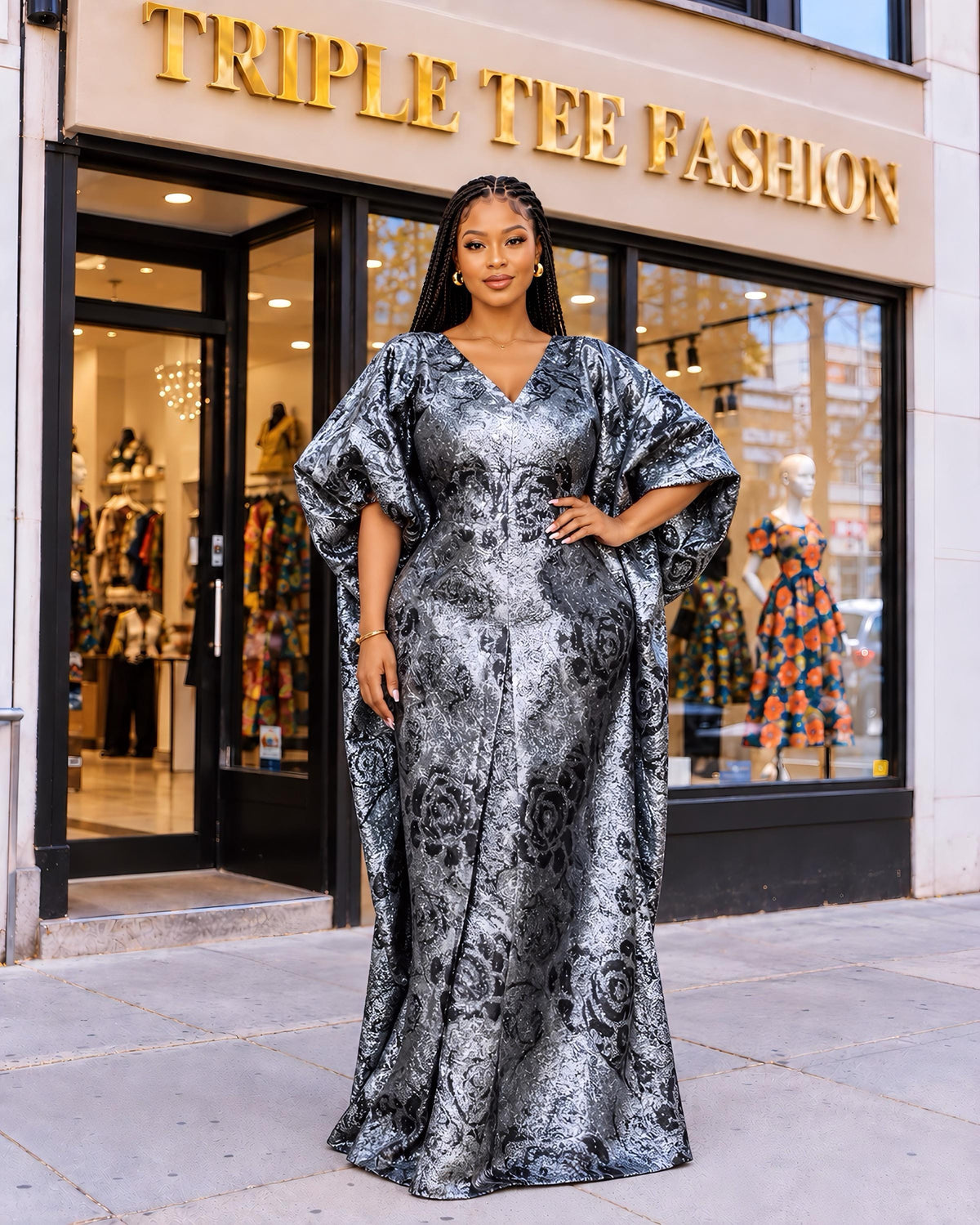 Luxury European Brocade Boubou Dress – Metallic Silver & Black African Kaftan | Elegant Plus Size Maxi Dress