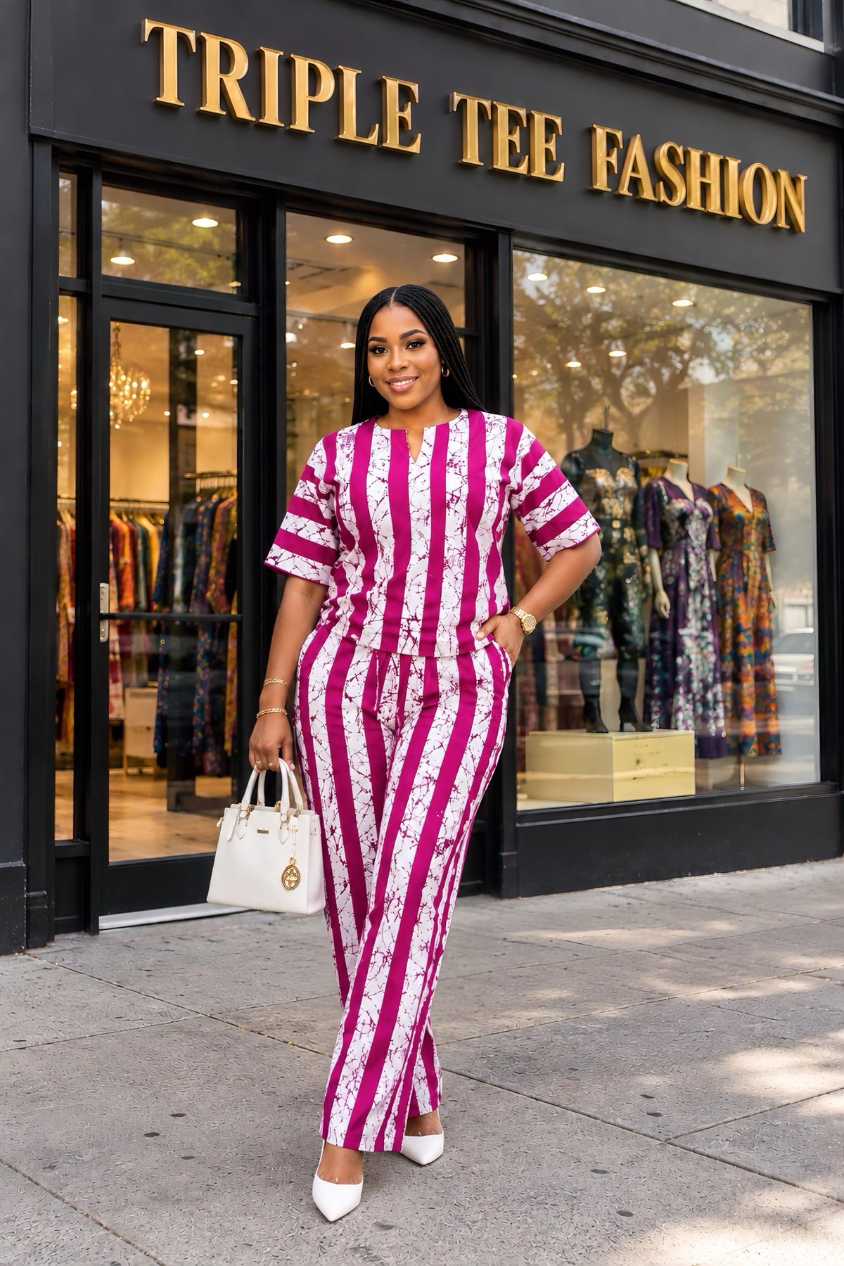 African Ankara Two Piece Set for Women | Pink and White Crop Top & Wide Leg Pants | African Print Trouser Set | US Size 10–16