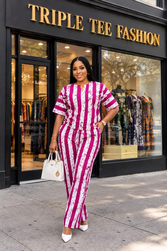 African Ankara Two Piece Set for Women | Pink and White Crop Top & Wide Leg Pants | African Print Trouser Set | US Size 10–16
