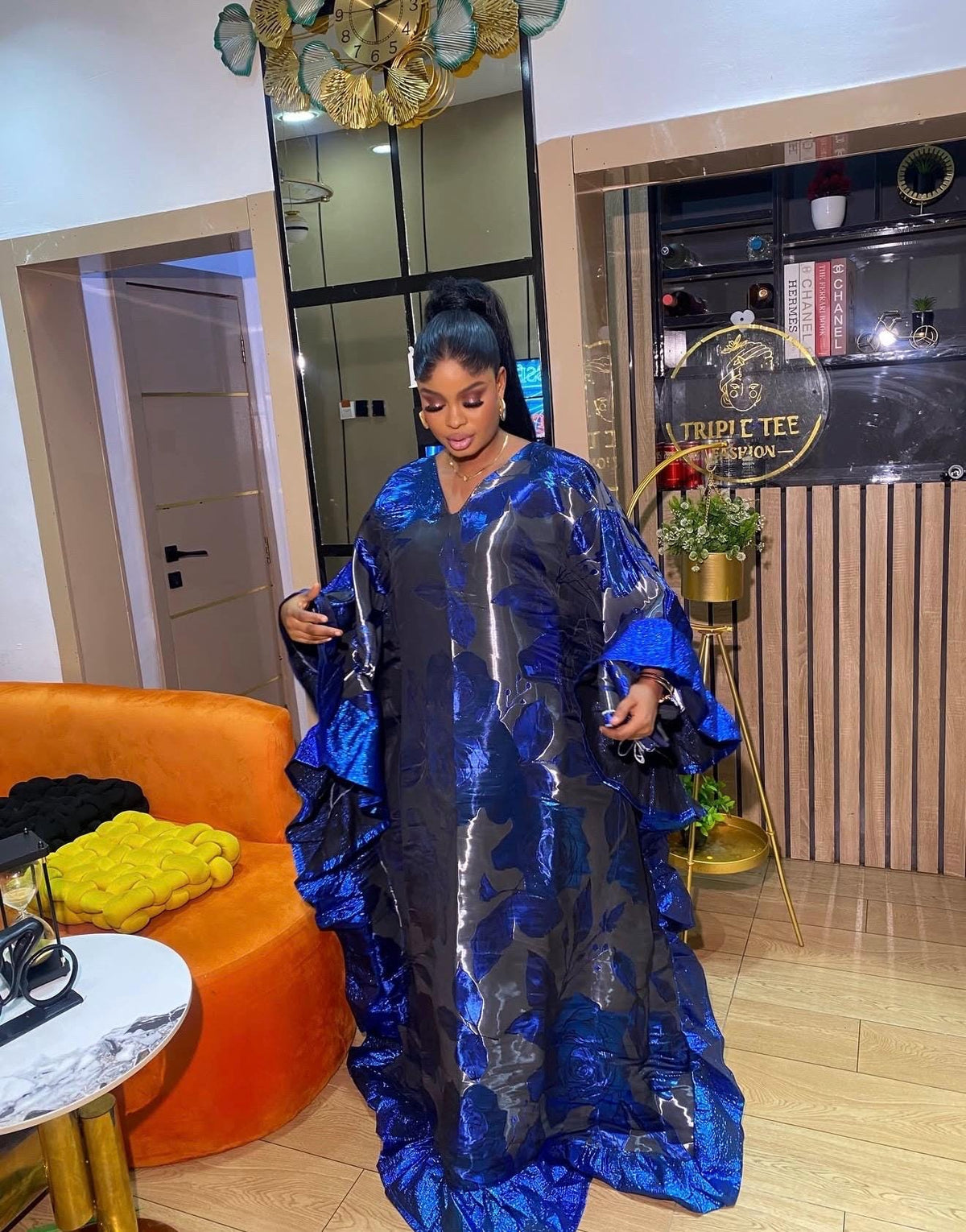 Luxury Blue Grey Iridescent Brocade Boubou Kaftan Dress | African Maxi Gown | Elegant Women’s Occasion Wear | Free Size