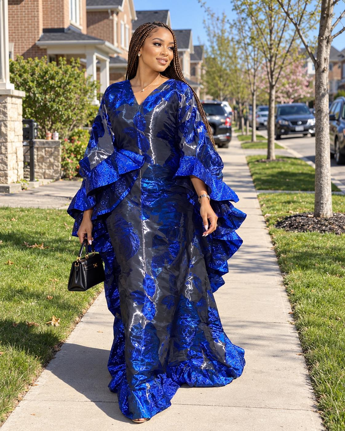Luxury Blue Grey Iridescent Brocade Boubou Kaftan Dress | African Maxi Gown | Elegant Women’s Occasion Wear | Free Size