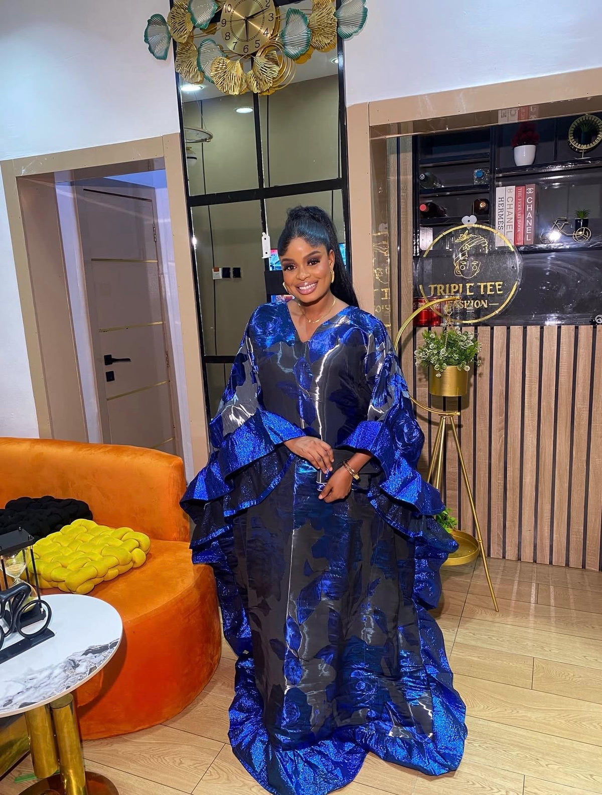 Luxury Blue Grey Iridescent Brocade Boubou Kaftan Dress | African Maxi Gown | Elegant Women’s Occasion Wear | Free Size