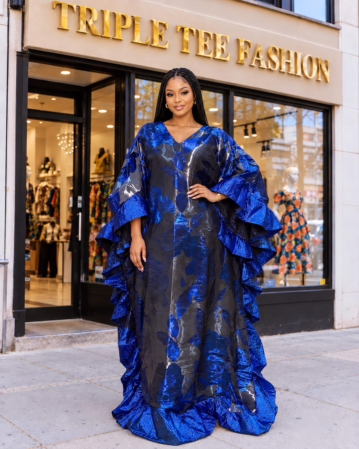 Luxury Blue Grey Iridescent Brocade Boubou Kaftan Dress | African Maxi Gown | Elegant Women’s Occasion Wear | Free Size