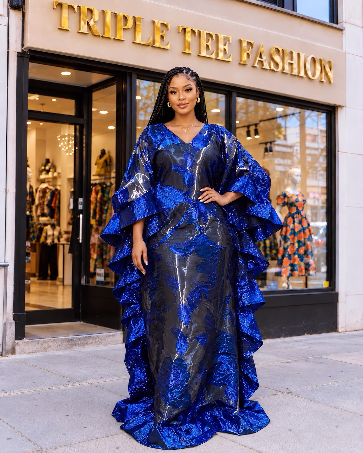 Luxury Blue Grey Iridescent Brocade Boubou Kaftan Dress | African Maxi Gown | Elegant Women’s Occasion Wear | Free Size