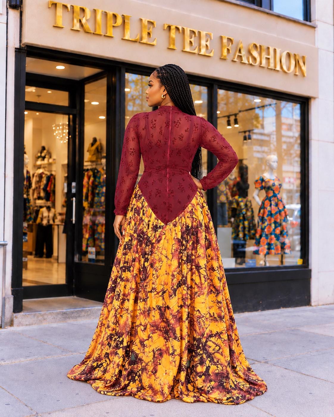 Burgundy Mesh Maxi Dress with Gold Print Stoned Crepe Skirt, Long Sleeve Floor Length Occasion Gown