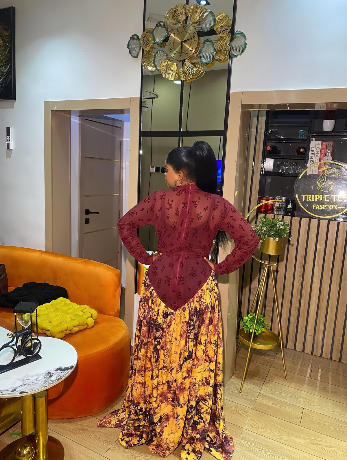 Burgundy Mesh Maxi Dress with Gold Print Stoned Crepe Skirt, Long Sleeve Floor Length Occasion Gown
