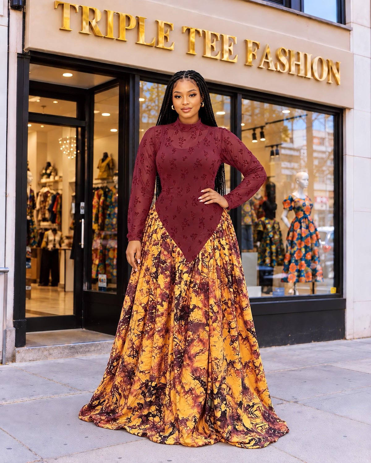Burgundy Mesh Maxi Dress with Gold Print Stoned Crepe Skirt, Long Sleeve Floor Length Occasion Gown