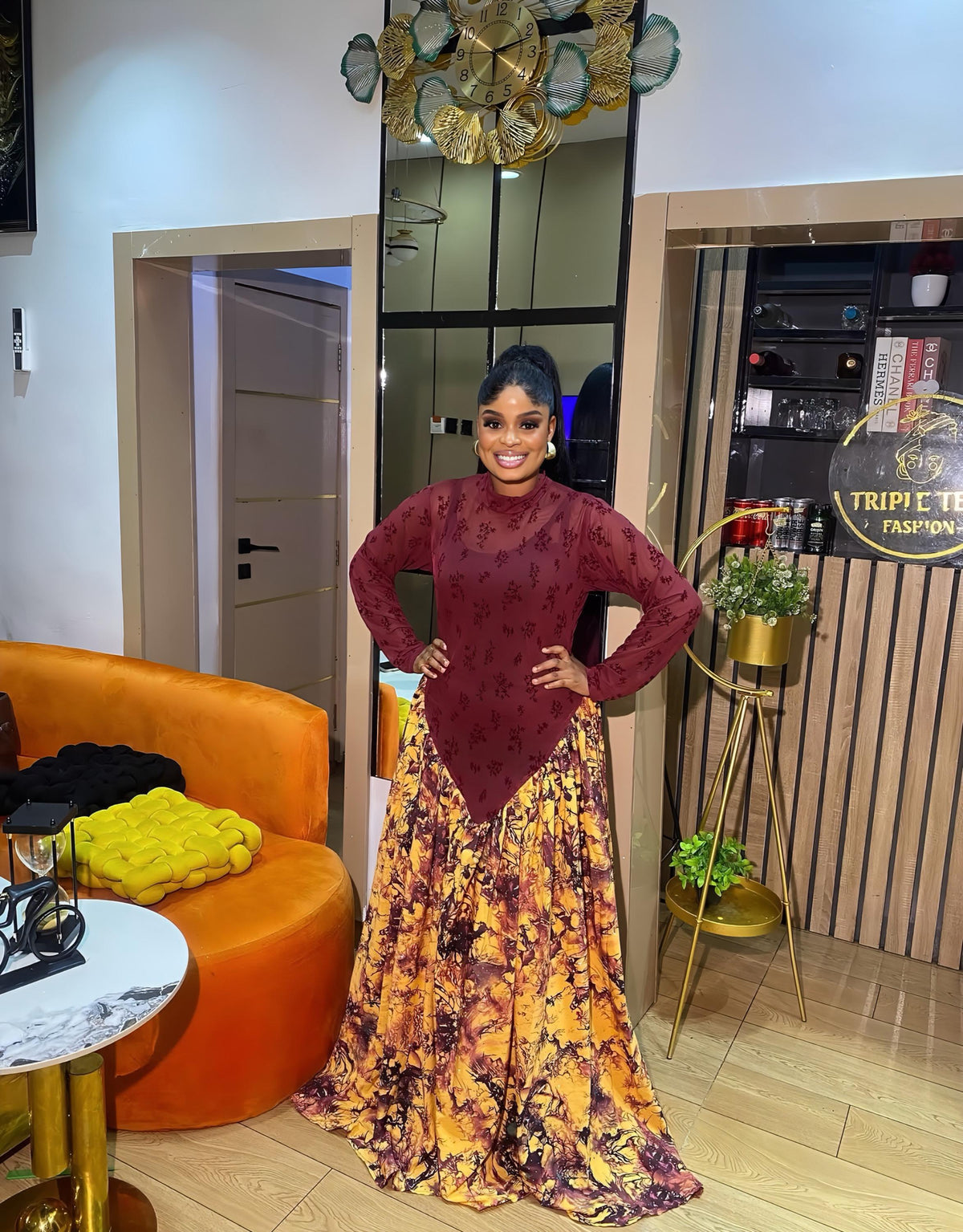 Burgundy Mesh Maxi Dress with Gold Print Stoned Crepe Skirt, Long Sleeve Floor Length Occasion Gown