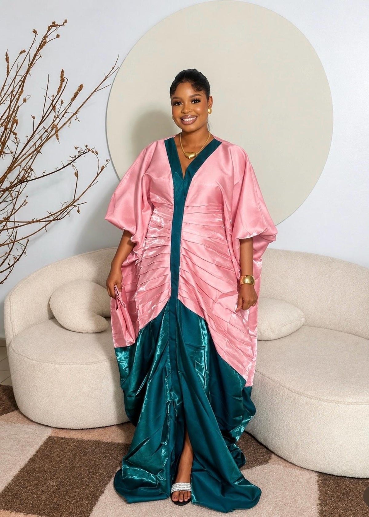 African boubou| Luxury Two-Tone Liquid Mikado Boubou – Elegant Blush Pink & Emerald Green Floor-Length Gown