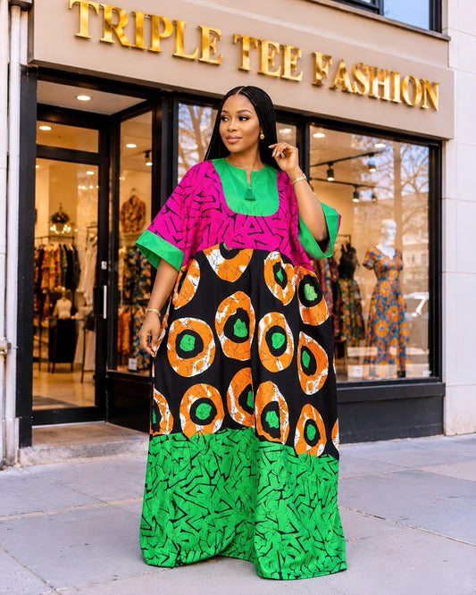 African Print Crepe Kaftan Dress | Nigerian Boubou, Plus Size