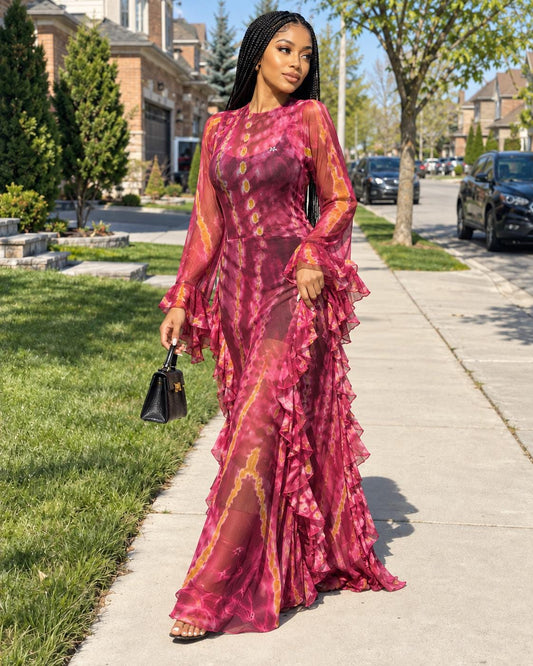 Sheer Pink Mesh Maxi Dress, African Print Ruffle Gown, Elegant Long Sleeve Occasion Dress, Women’s Size 16