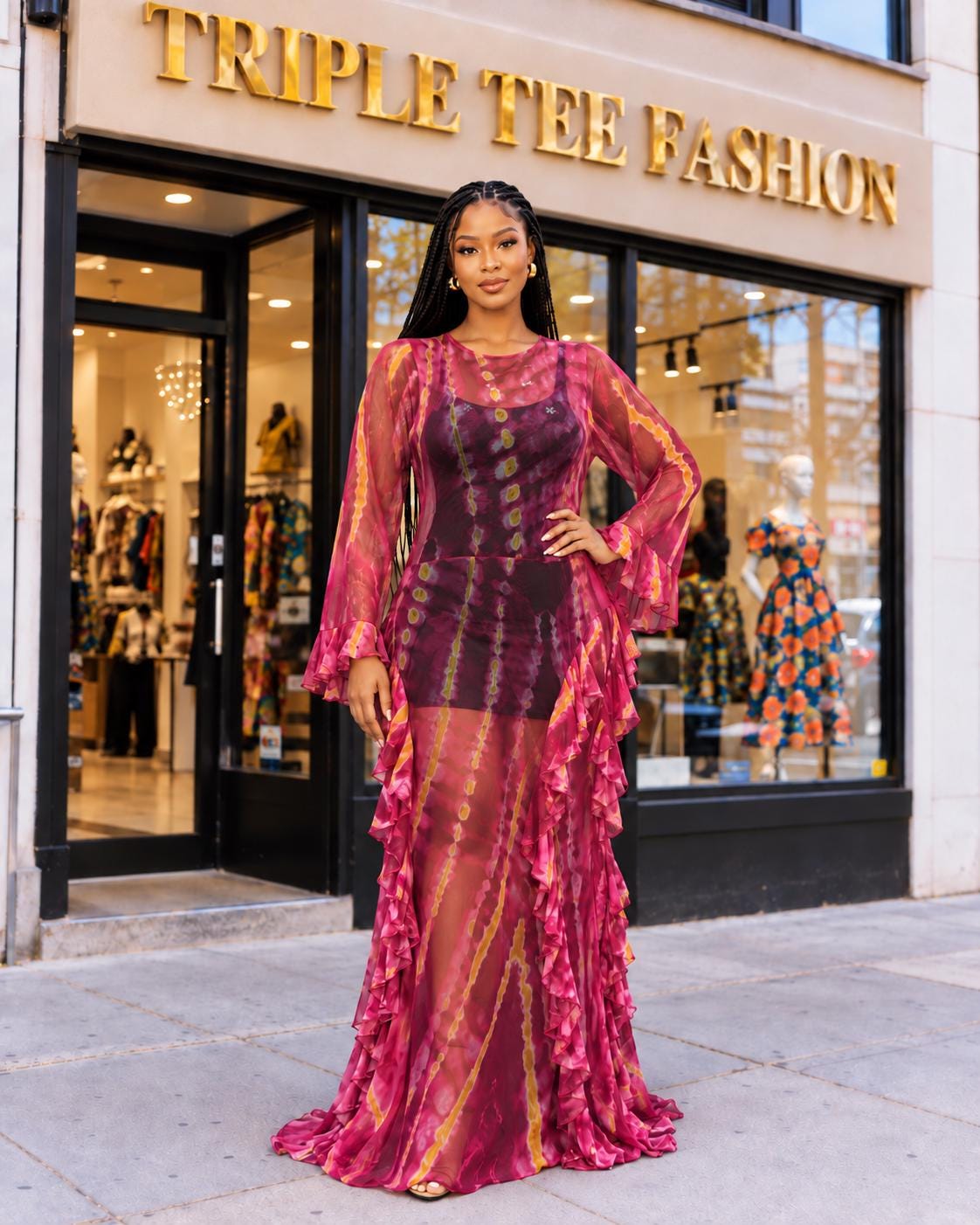 Sheer Pink Mesh Maxi Dress, African Print Ruffle Gown, Elegant Long Sleeve Occasion Dress, Women’s Size 16