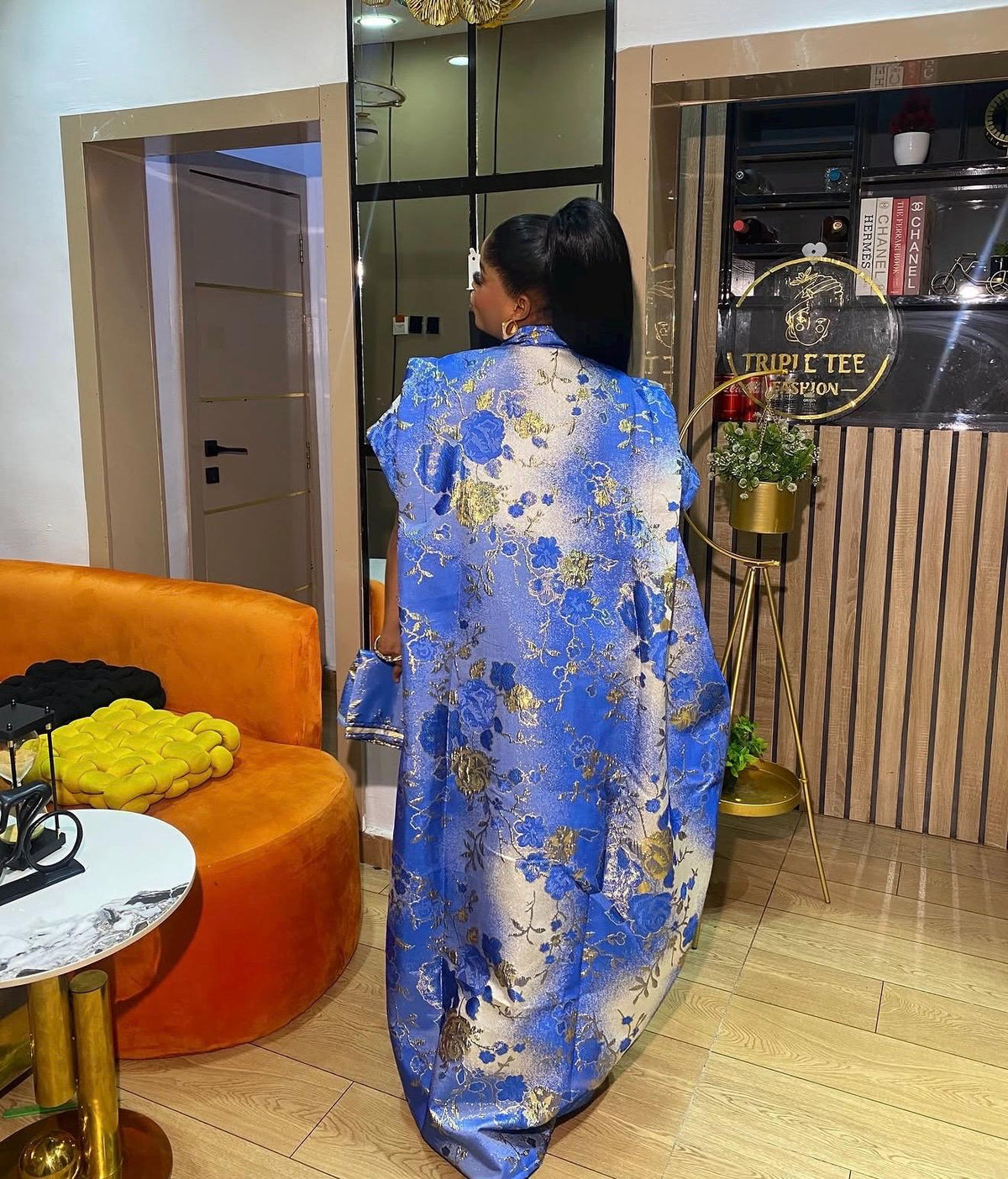 Luxury Royal Blue European Brocade Boubou Dress, Elegant African Kaftan, Gold Floral Maxi Gown, Wedding Guest Outfit, Plus Size US 4–20