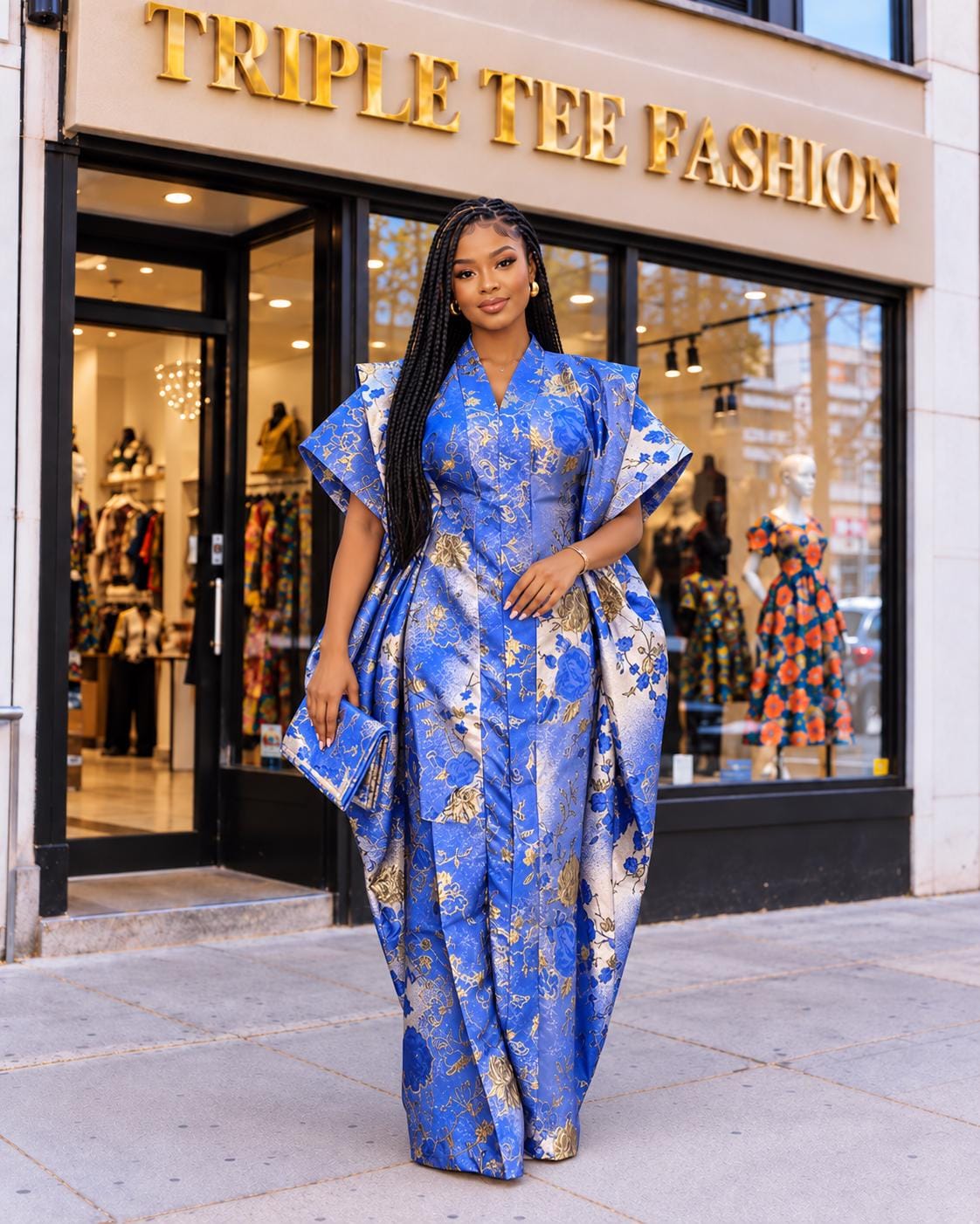 Luxury Royal Blue European Brocade Boubou Dress, Elegant African Kaftan, Gold Floral Maxi Gown, Wedding Guest Outfit, Plus Size US 4–20