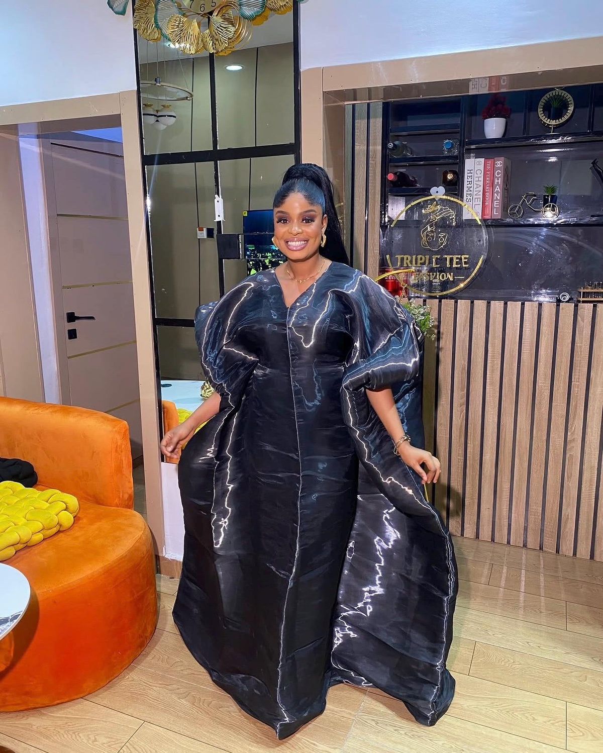 Black Liquid Organza Boubou Dress, Luxury African Kaftan Maxi Gown, Oversized Bubu Dress, One Size with Inner Waist Belt
