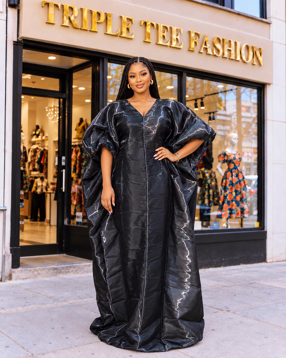 Black Liquid Organza Boubou Dress, Luxury African Kaftan Maxi Gown, Oversized Bubu Dress, One Size with Inner Waist Belt