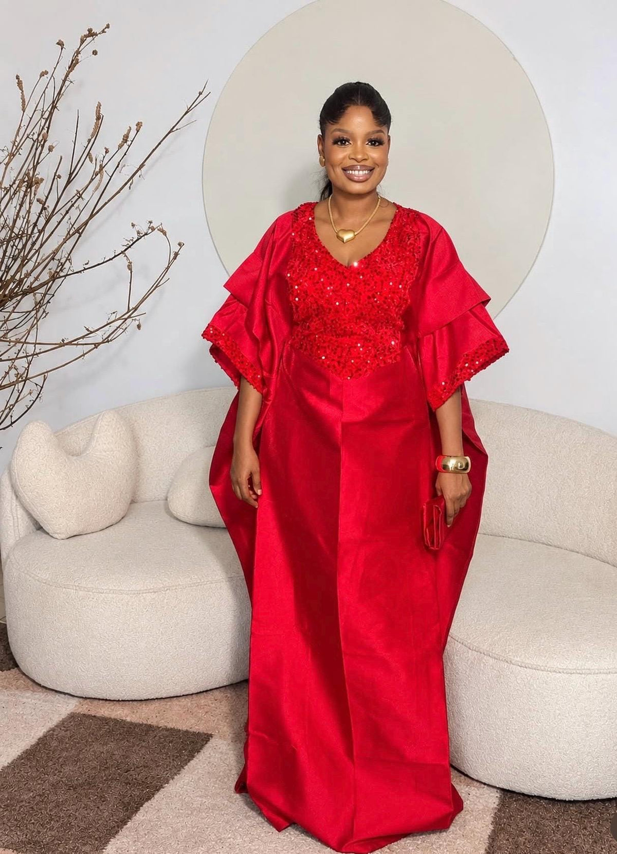 Luxury Red Mikado Silk & Sequin Boubou Dress | Elegant African Kaftan Gown | Free Size US 8–24 | Wedding Guest Occasion Wear