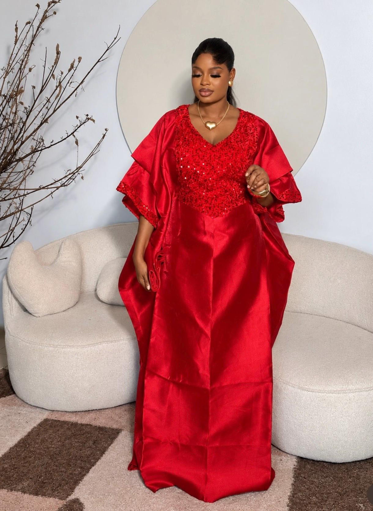 Luxury Red Mikado Silk & Sequin Boubou Dress | Elegant African Kaftan Gown | Free Size US 8–24 | Wedding Guest Occasion Wear