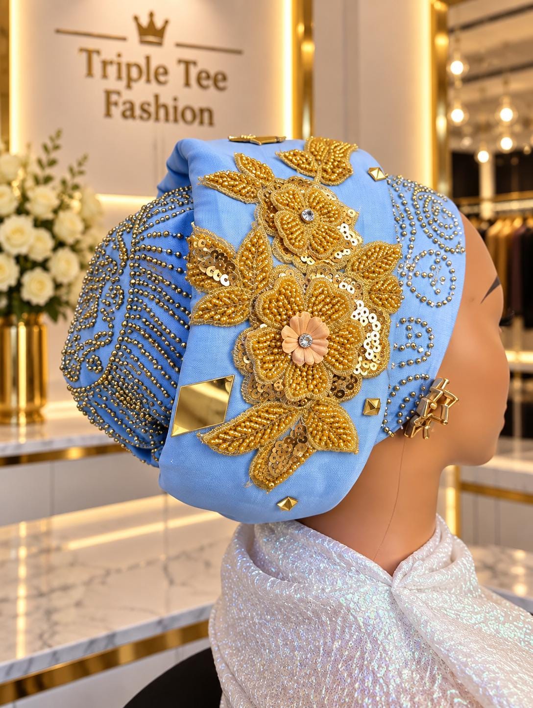 Luxury Pre-Tied Turban Hat | Beaded Floral Headtie