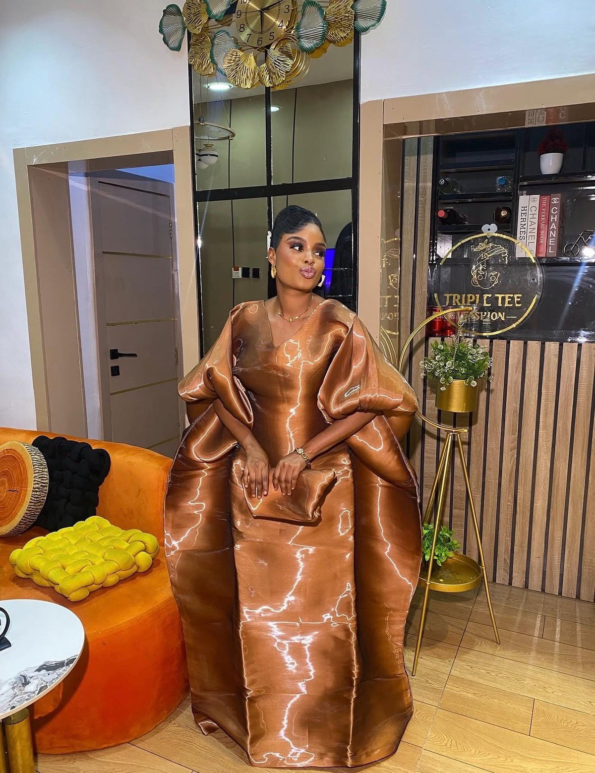 Luxury Brown Liquid Organza Boubou Dress for Women | African Kaftan Maxi Dress | One Size Bubu Gown | Inner Waist Belt