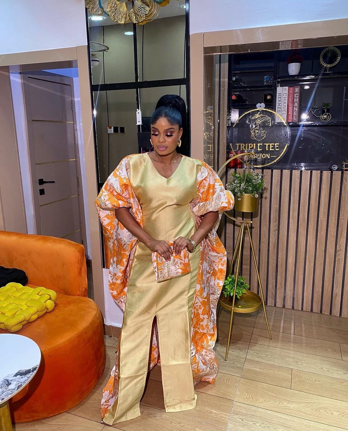 Elegant Gold & Orange African Boubou Dress – Luxury Statement Kaftan Gown-Elegant Wedding Guest Dress