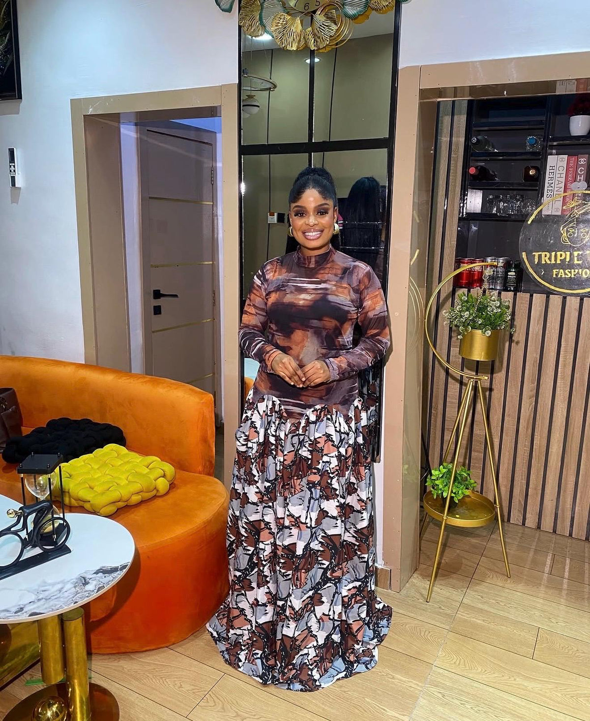 Elegant Mesh and Crepe Maxi Dress for Women, Long Sleeve African Occasion Dress, Abstract Print Flowy Gown, Wedding Guest Dress