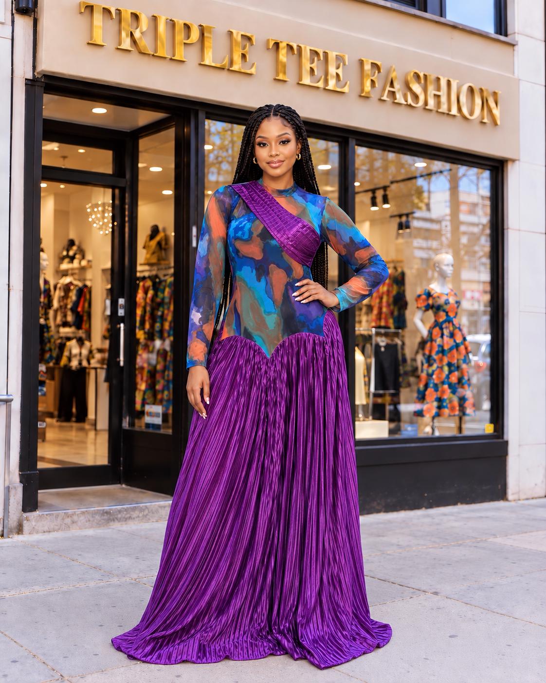 Purple Plisse Maxi Dress with Sheer Mesh Top, Elegant Long Sleeve Evening Gown, Multicolour Floor Length Statement Dress, Occasion Wear