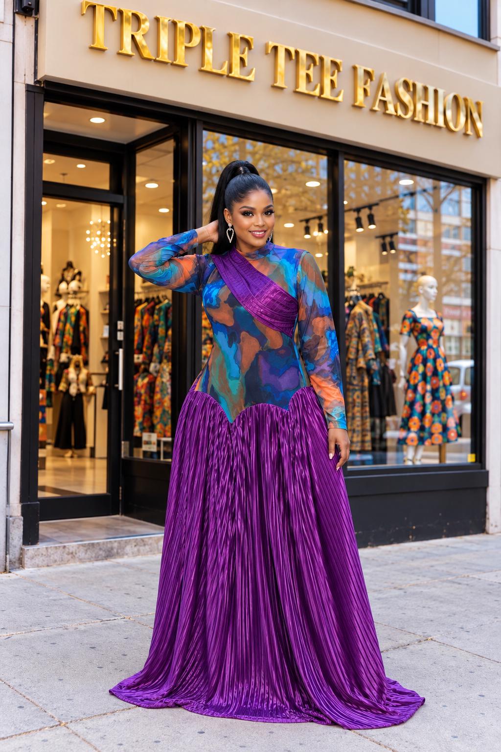 Purple Plisse Maxi Dress with Sheer Mesh Top, Elegant Long Sleeve Evening Gown, Multicolour Floor Length Statement Dress, Occasion Wear