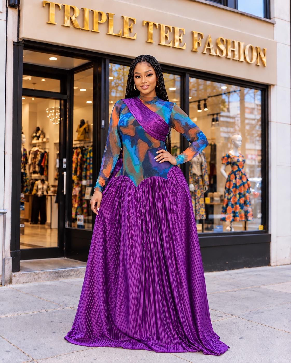 Purple Plisse Maxi Dress with Sheer Mesh Top, Elegant Long Sleeve Evening Gown, Multicolour Floor Length Statement Dress, Occasion Wear