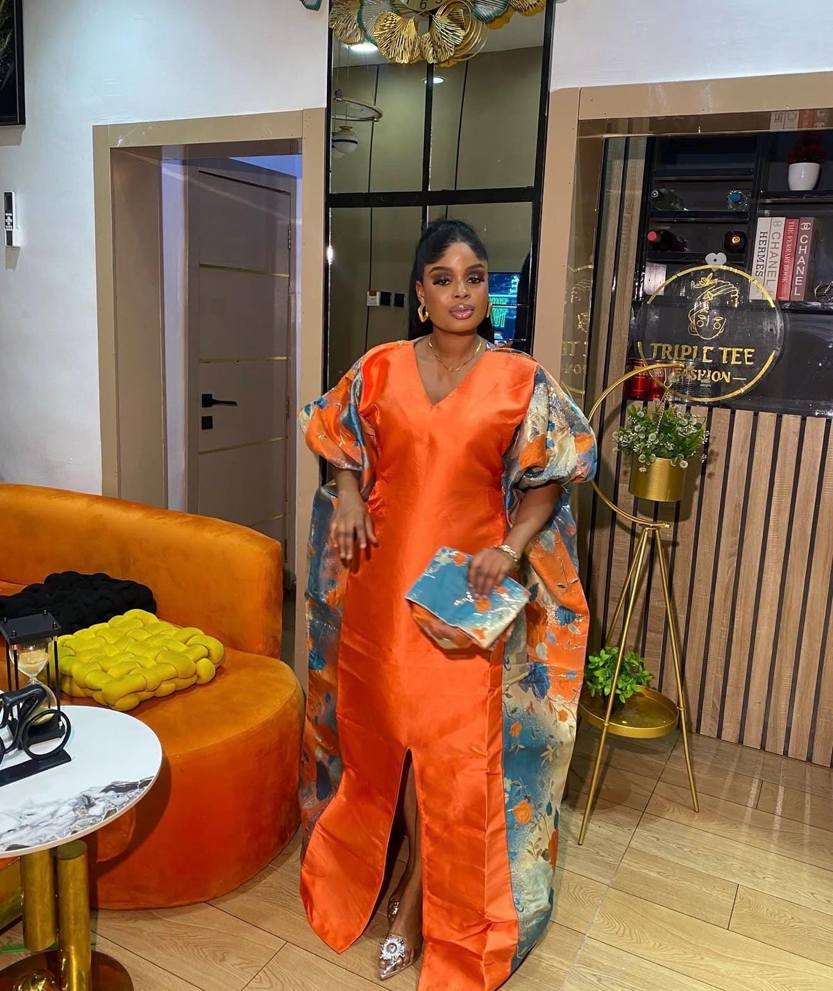 Orange Mikado & European Brocade Boubou Dress, African Wedding Guest Kaftan, Elegant Maxi Gown, One Size Plus Size Formal Dress