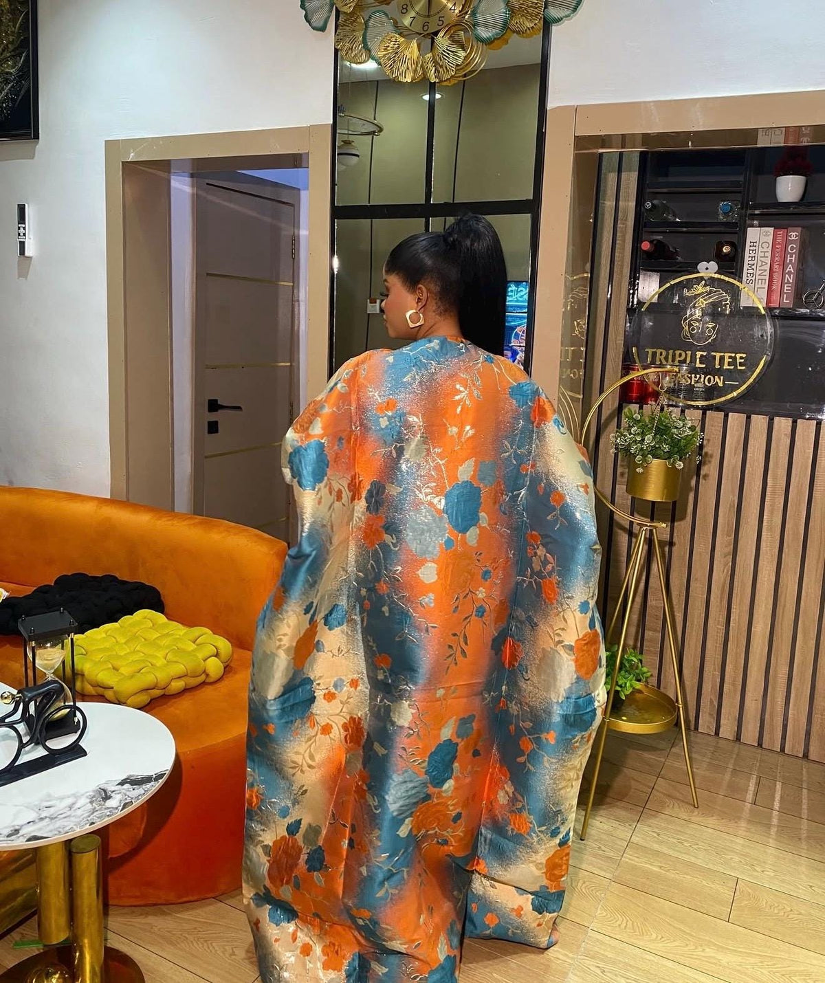 Orange Mikado & European Brocade Boubou Dress, African Wedding Guest Kaftan, Elegant Maxi Gown, One Size Plus Size Formal Dress