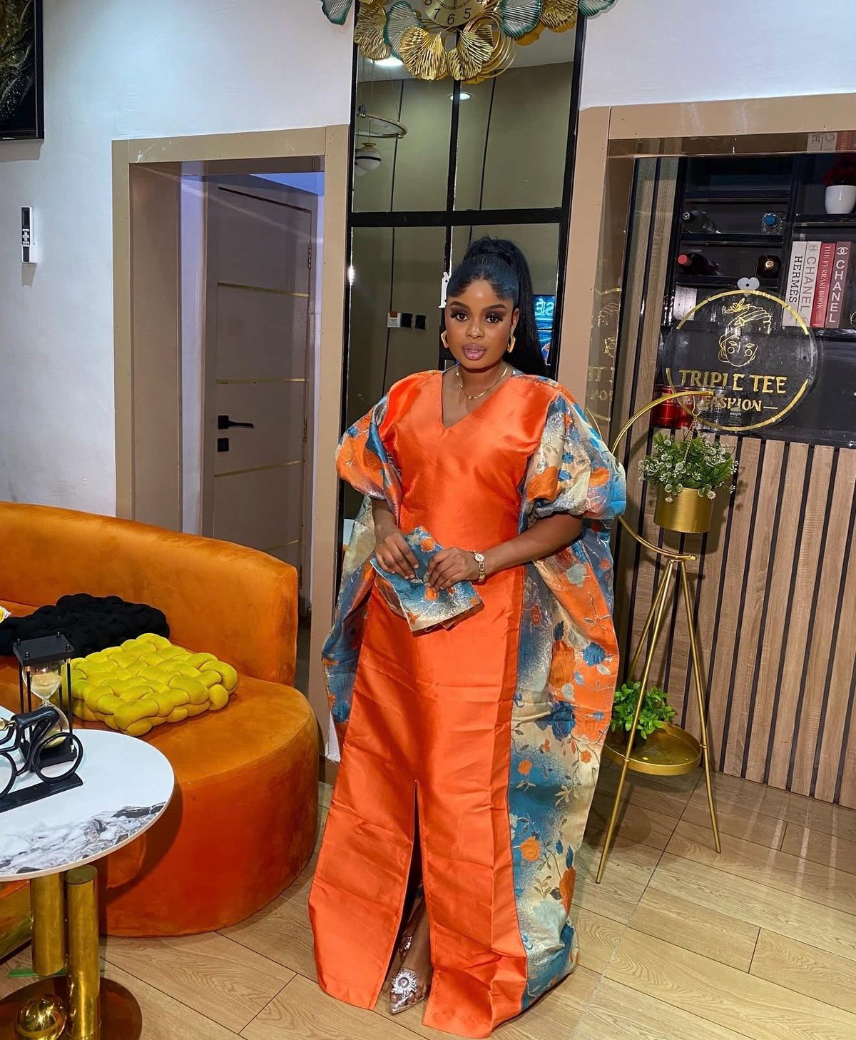 Orange Mikado & European Brocade Boubou Dress, African Wedding Guest Kaftan, Elegant Maxi Gown, One Size Plus Size Formal Dress