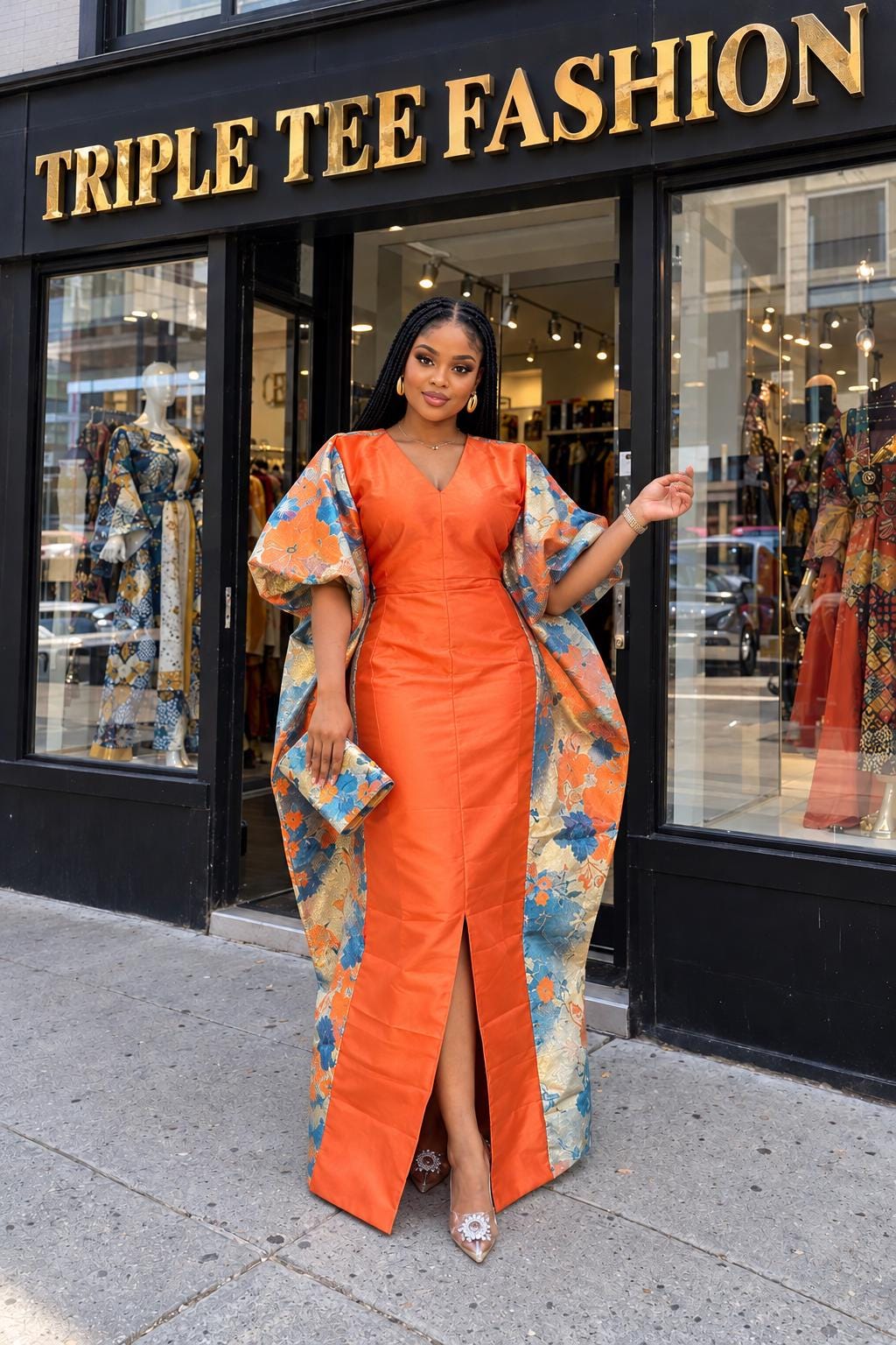 Orange Mikado & European Brocade Boubou Dress, African Wedding Guest Kaftan, Elegant Maxi Gown, One Size Plus Size Formal Dress