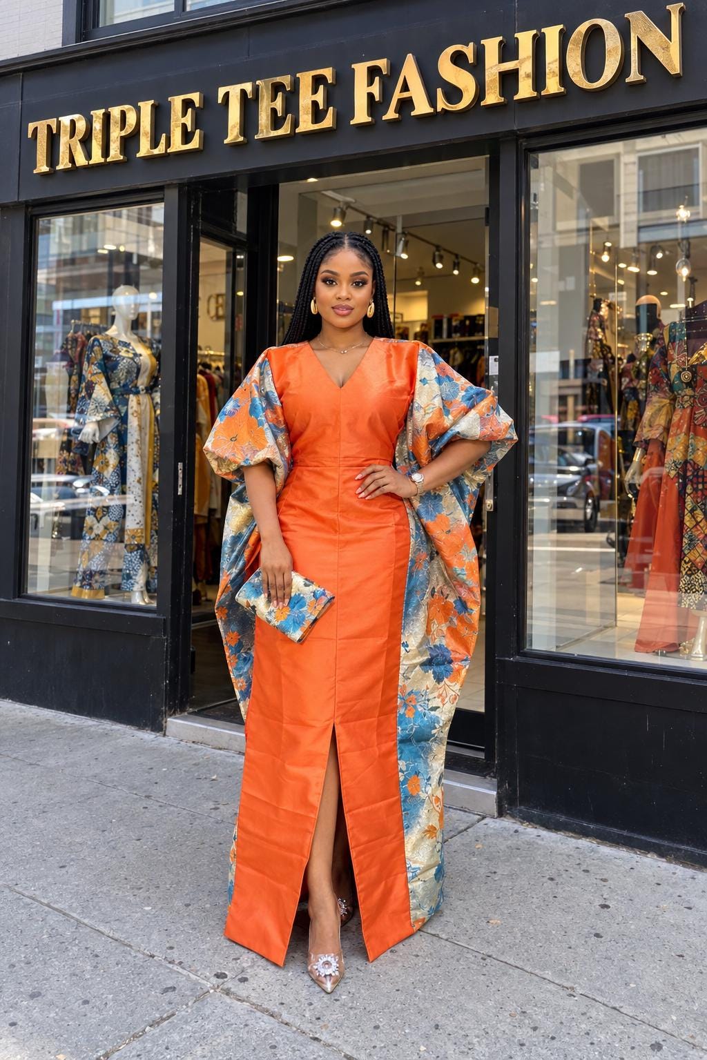 Orange Mikado & European Brocade Boubou Dress, African Wedding Guest Kaftan, Elegant Maxi Gown, One Size Plus Size Formal Dress