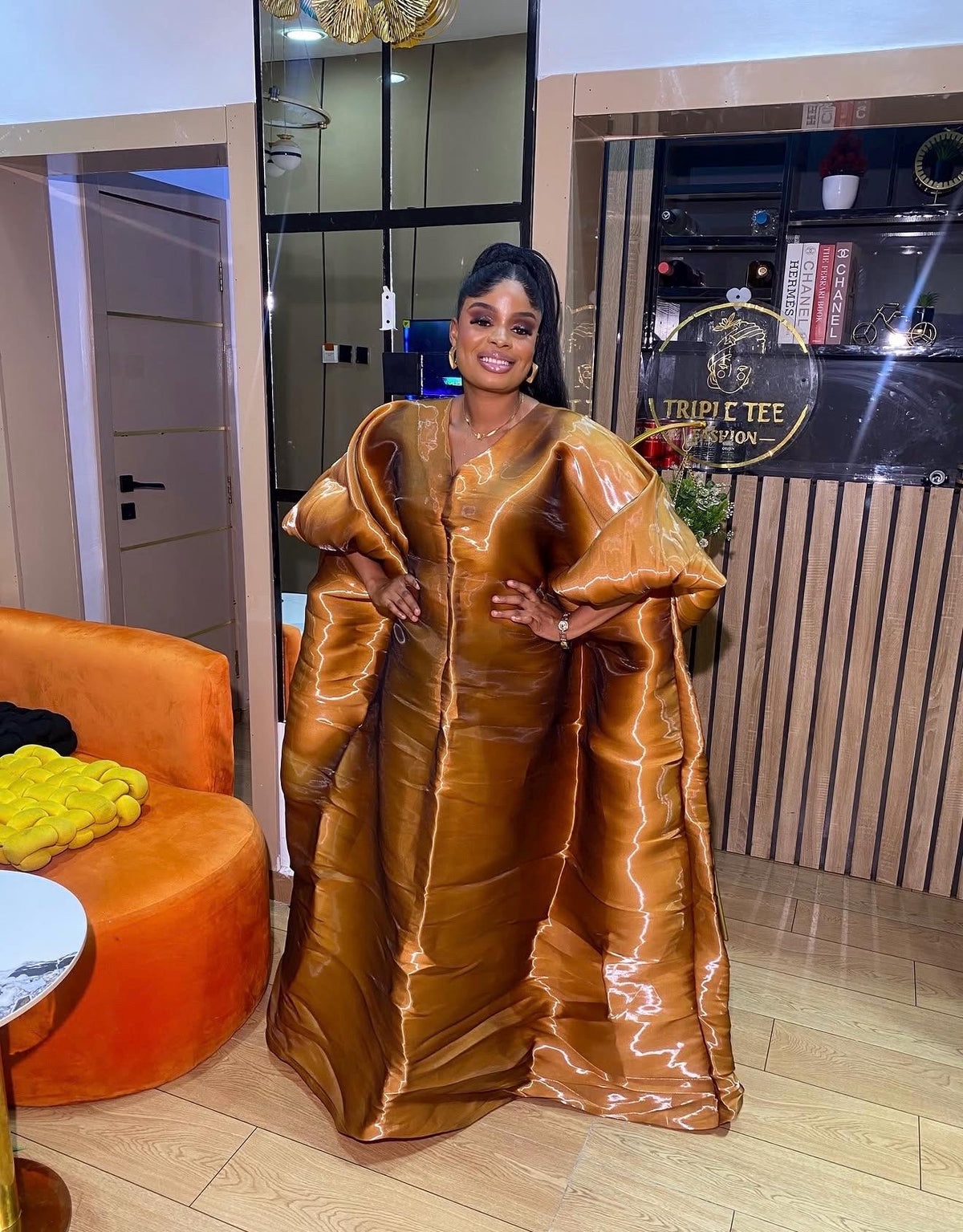 Luxury Golden Bronze Liquid Organza Boubou – Oversized African Kaftan, Elegant Wedding Guest Dress, Statement Maxi Gown