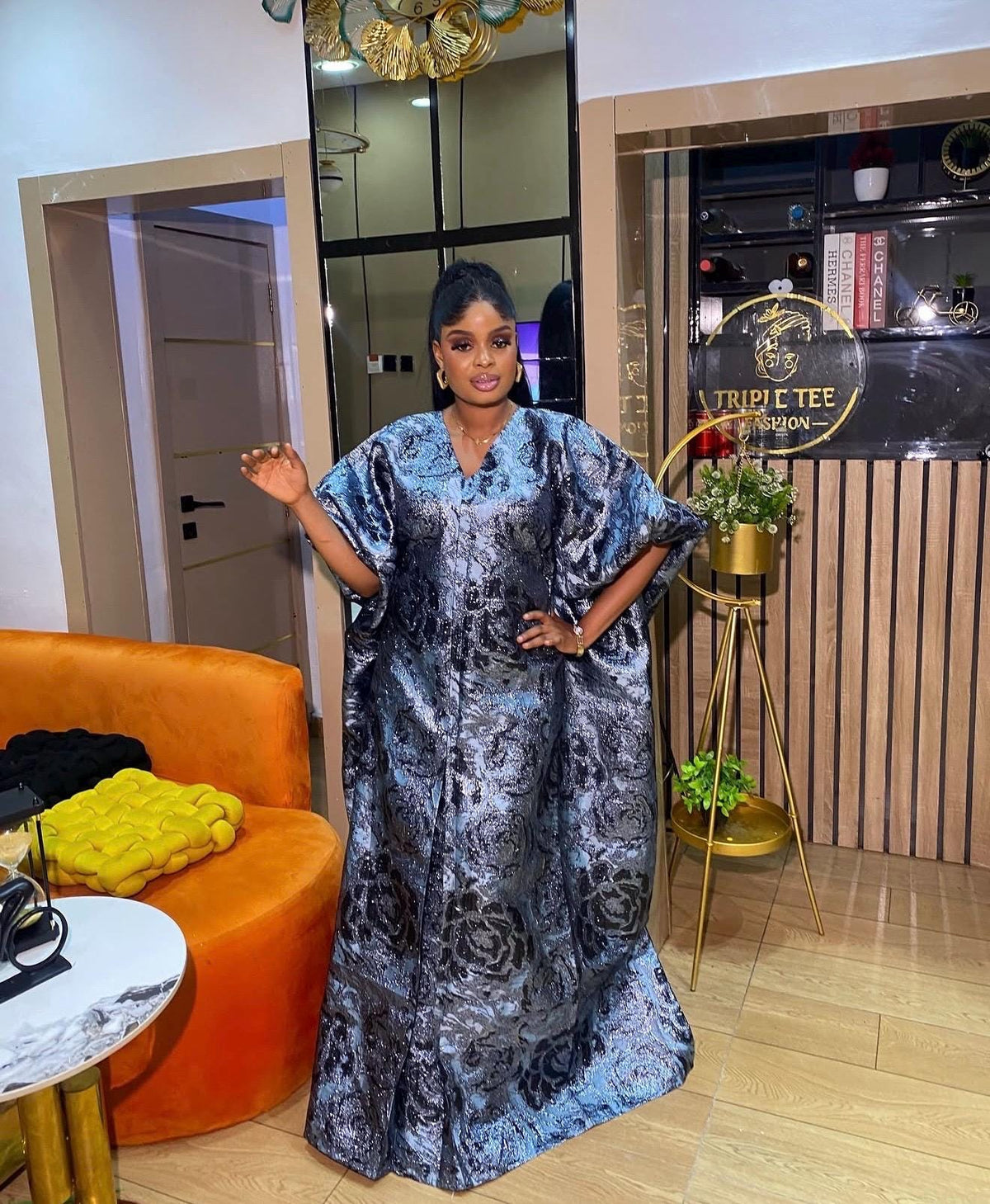 Luxury European Brocade Boubou Dress – Metallic Silver & Black African Kaftan | Elegant Plus Size Maxi Dress