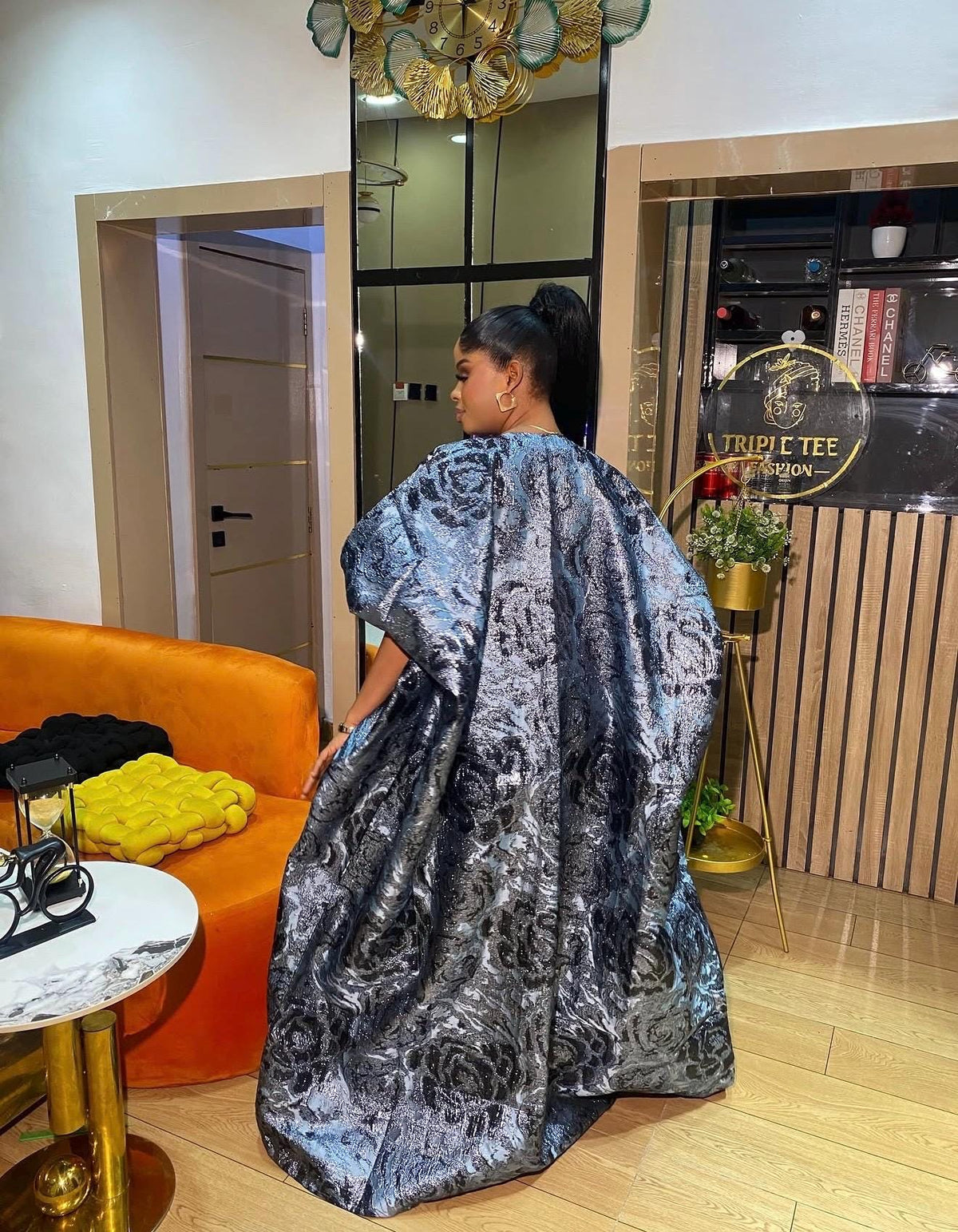 Luxury European Brocade Boubou Dress – Metallic Silver & Black African Kaftan | Elegant Plus Size Maxi Dress