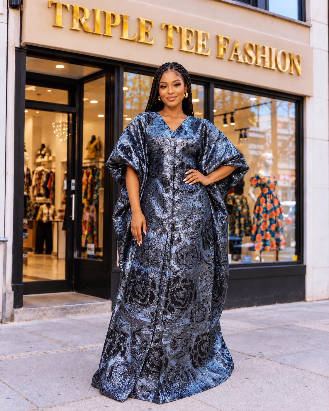Luxury European Brocade Boubou Dress – Metallic Silver & Black African Kaftan | Elegant Plus Size Maxi Dress
