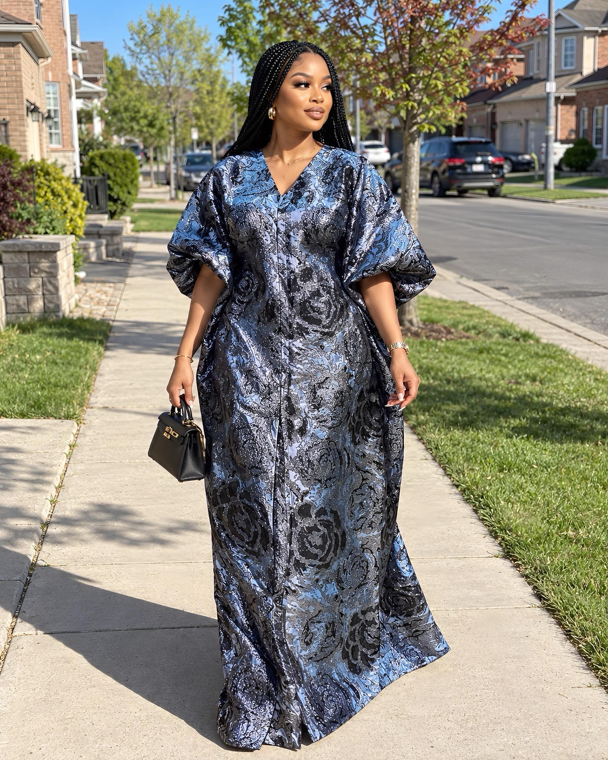 Luxury European Brocade Boubou Dress – Metallic Silver & Black African Kaftan | Elegant Plus Size Maxi Dress