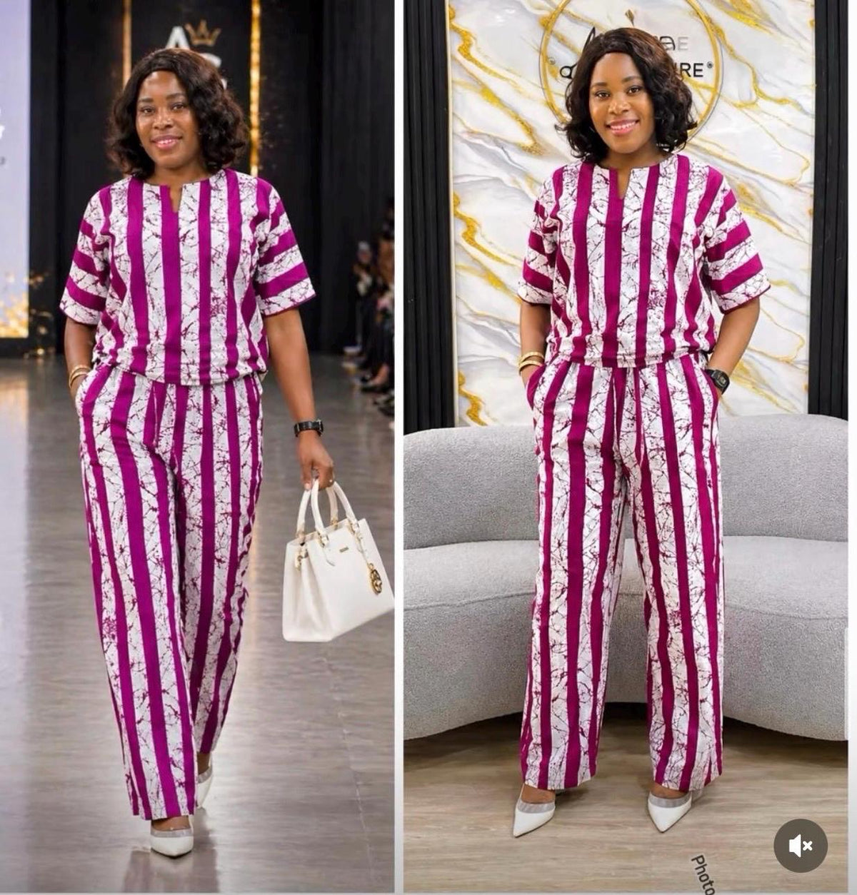 African Ankara Two Piece Set for Women | Pink and White Crop Top & Wide Leg Pants | African Print Trouser Set | US Size 10–16