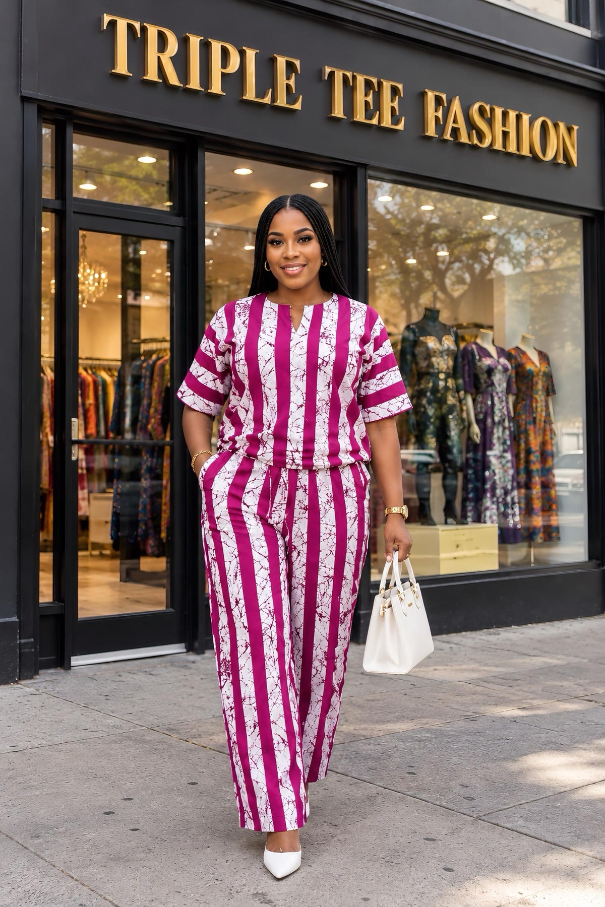 African Ankara Two Piece Set for Women | Pink and White Crop Top & Wide Leg Pants | African Print Trouser Set | US Size 10–16